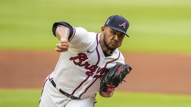 May 9, 2021; Cumberland, Georgia, USA; Atlanta Braves starting pitcher Huascar Ynoa (19) pitches against the Philadelphia Phillies during the first inning at Truist Park. Mandatory Credit: Dale Zanine-USA TODAY Sports