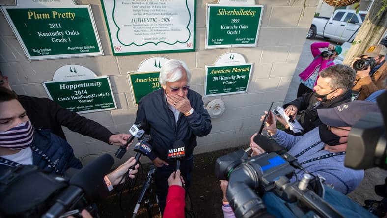 Medina Spirit's trainer Bob Baffert talks with the media the morning after winning the Kentucky Derby with Medina Spirit. One week later it was announced that the horse tested positive for an abundance of an anti-inflammatory drug following the race. April 26, 2021
Aj4t9233