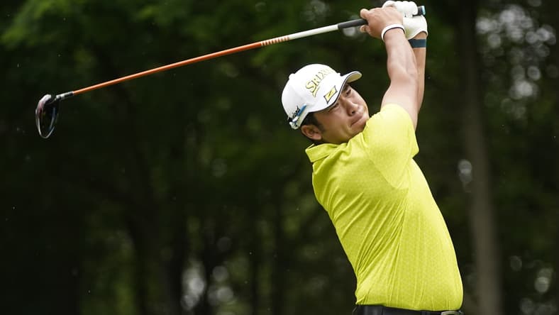 May 16, 2021; McKinney, Texas, USA; Hideki Matsuyama plays his shot from the second tee during the final round of the AT&T Byron Nelson golf tournament. Mandatory Credit: Jim Cowsert-USA TODAY Sports