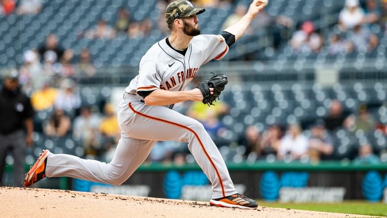 May 16, 2021; Pittsburgh, Pennsylvania, USA;  San Francisco Giants starting pitcher Alex Wood (57) throws a pitch during the first inning against the Pittsburgh Pirates at PNC Park. Mandatory Credit: Mark Alberti-USA TODAY Sports