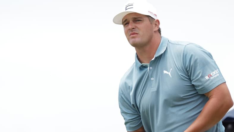 May 19, 2021; Kiawah Island, South Carolina, USA; Bryson DeChambeau watches his tee shot on the fifteenth hole during a practice round for the PGA Championship golf tournament at Ocean Course at Kiawah Island Resort. Mandatory Credit: Geoff Burke-USA TODAY Sports