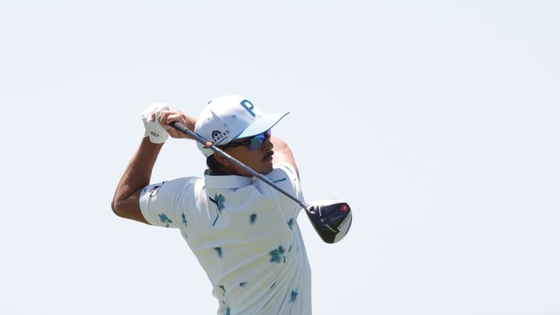 May 20, 2021; Kiawah Island, South Carolina, USA; Rickie Fowler hits his tee shot on the 9th hole during the first round of the PGA Championship golf tournament. Mandatory Credit: Geoff Burke-USA TODAY Sports
