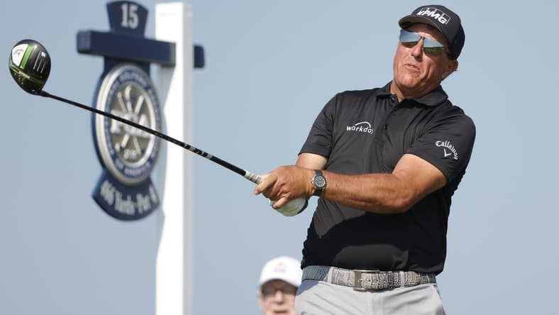 May 21, 2021; Kiawah Island, South Carolina, USA; Phil Mickelson hits from the fifteenth tee box during the second round of the PGA Championship golf tournament. Mandatory Credit: Geoff Burke-USA TODAY Sports