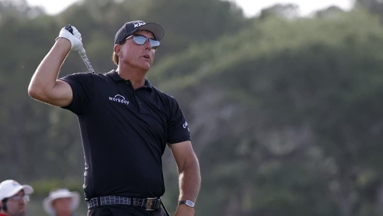 May 22, 2021; Kiawah Island, South Carolina, USA; Phil Mickelson hits from the sixteenth tee during the third round of the PGA Championship golf tournament. Mandatory Credit: Geoff Burke-USA TODAY Sports