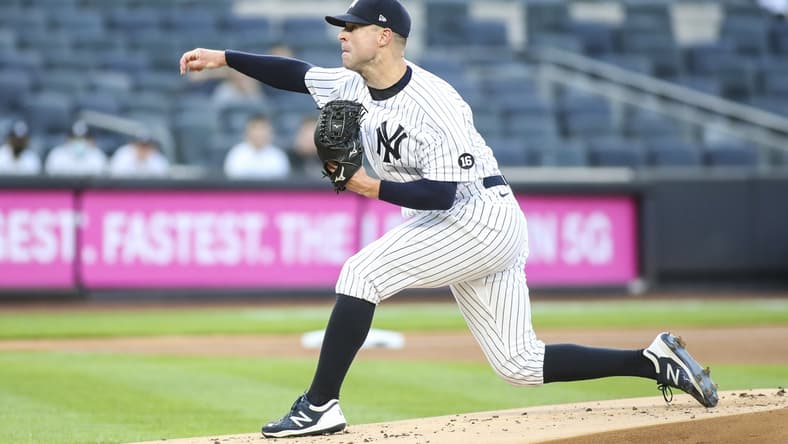 May 25, 2021; Bronx, New York, USA; New York Yankees pitcher Corey Kluber (28) pitches in the first inning against the Toronto Blue Jays at Yankee Stadium. Mandatory Credit: Wendell Cruz-USA TODAY Sports
