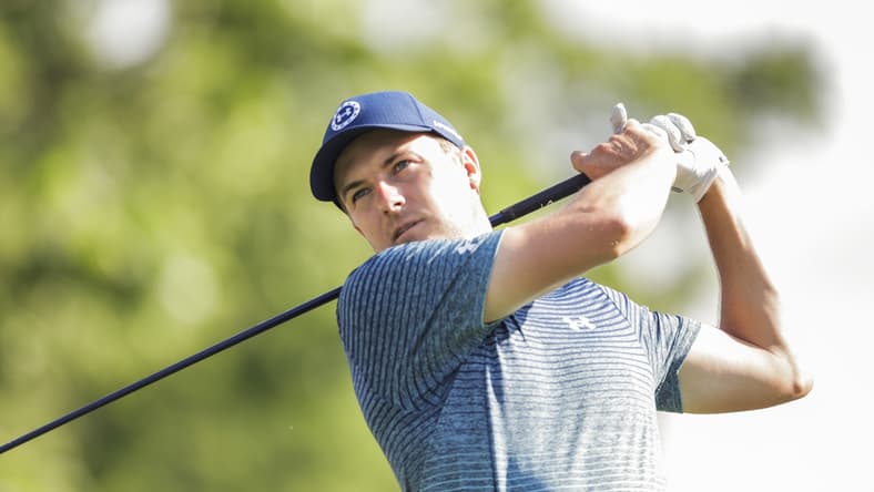 May 27, 2021; Fort Worth, Texas, USA; Jordan Spieth tees off on 14th during the first round of the Charles Schwab Challenge golf tournament. Mandatory Credit: Erich Schlegel-USA TODAY Sports