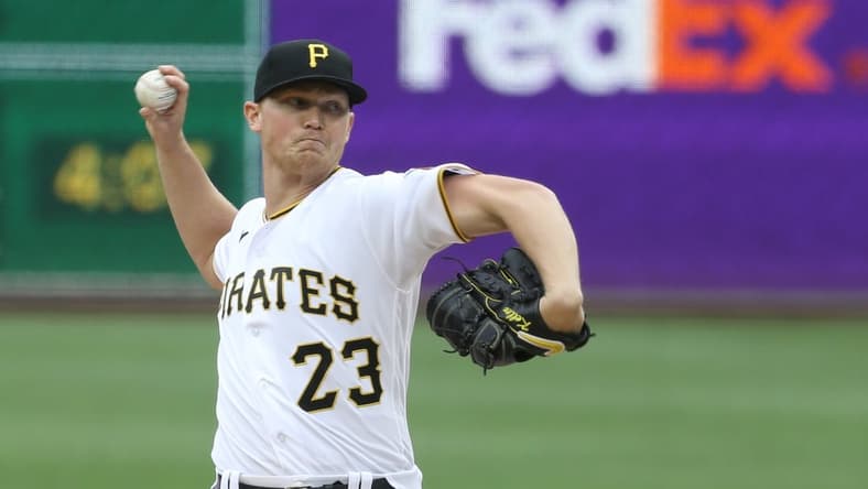 May 29, 2021; Pittsburgh, Pennsylvania, USA;  Pittsburgh Pirates starting pitcher Mitch Keller (23) delivers a pitch against the Colorado Rockies during the first inning at PNC Park. Mandatory Credit: Charles LeClaire-USA TODAY Sports
