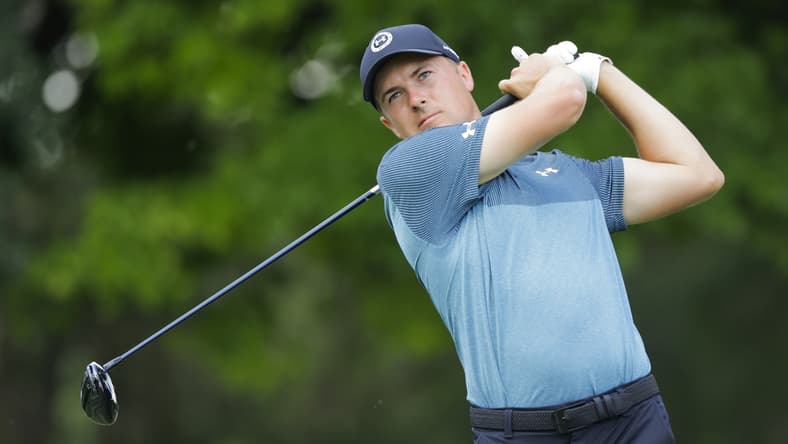 May 29, 2021; Fort Worth, Texas, USA; Jordan Spieth tees off on #12 during the third round of the Charles Schwab Challenge golf tournament. Mandatory Credit: Erich Schlegel-USA TODAY Sports