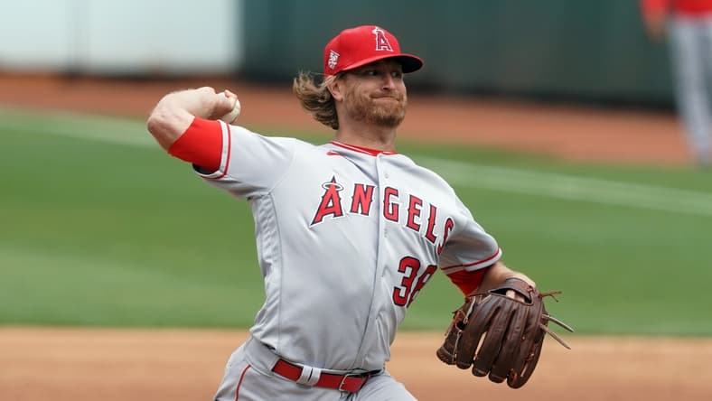 May 29, 2021; Oakland, California, USA; Los Angeles Angels starting pitcher Alex Cobb (38) throws a pitch during the sixth inning against the Oakland Athletics at RingCentral Coliseum. Mandatory Credit: Darren Yamashita-USA TODAY Sports