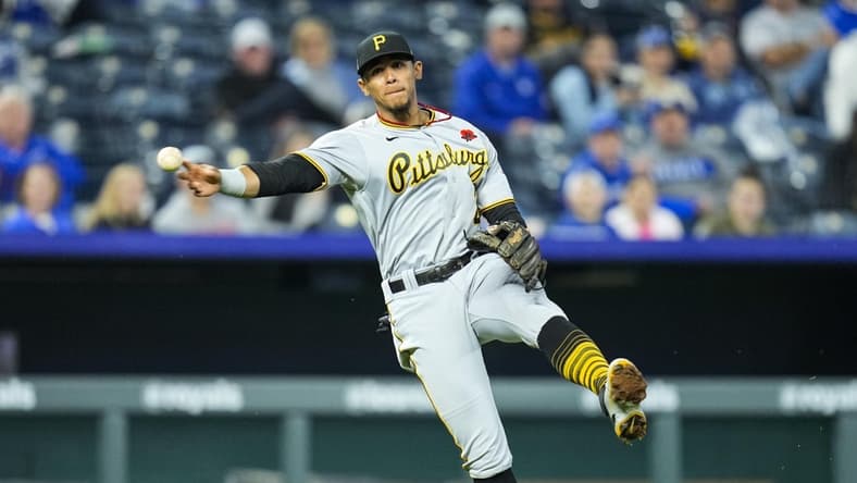 May 31, 2021; Kansas City, Missouri, USA; Pittsburgh Pirates third baseman Erik Gonzalez (2) throws to first base against the Kansas City Royals during the fifth inning at Kauffman Stadium. Mandatory Credit: Jay Biggerstaff-USA TODAY Sports