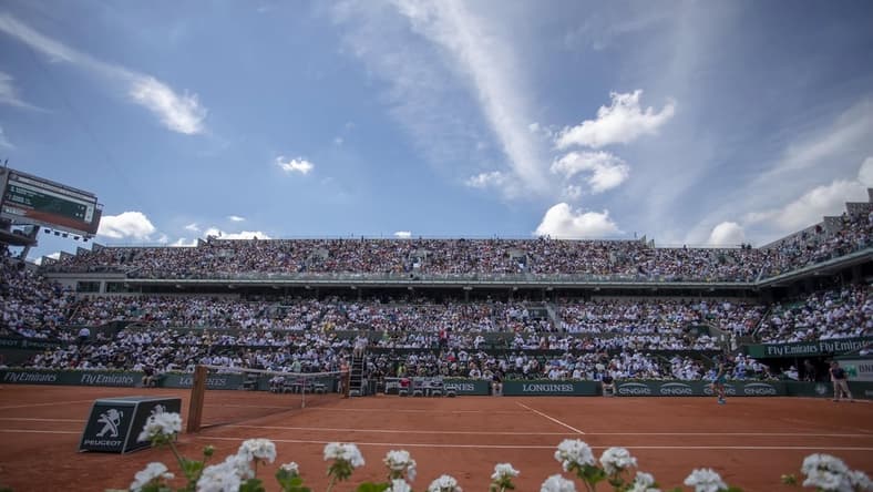 Jun 7, 2018, Paris, France: General view of Philippe Chatrier Court during the Simona Halep (ROU) and Garbine Muguruza (ESP) match on day 12 of the 2018 French Open at Roland Garros. Mandatory Credit: Susan Mullane-USA TODAY Sports