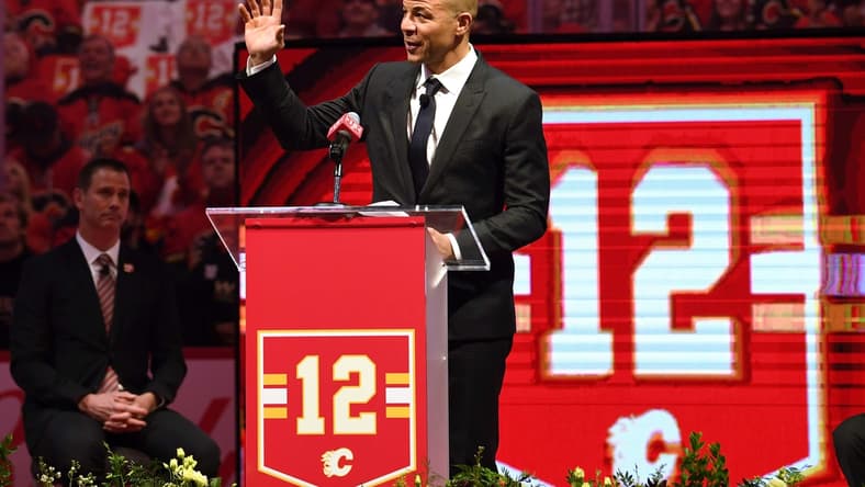 Mar 2, 2019; Calgary, Alberta, CAN; Former Calgary Flames captain Jarome Iginla speaks at his ceremony to retire his jersey before the Calgary Flames take on the Minnesota Wild at Scotiabank Saddledome. Mandatory Credit: Candice Ward-USA TODAY Sports