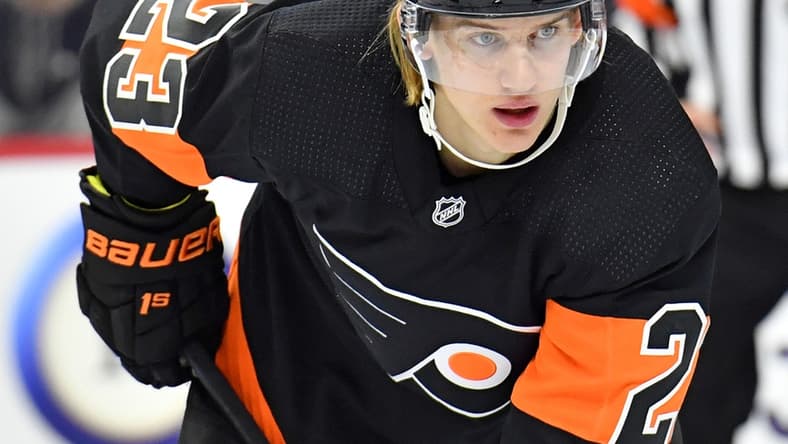 Mar 31, 2019; Philadelphia, PA, USA; Philadelphia Flyers left wing Oskar Lindblom (23) against the New York Rangers during the second period at Wells Fargo Center. Mandatory Credit: Eric Hartline-USA TODAY Sports