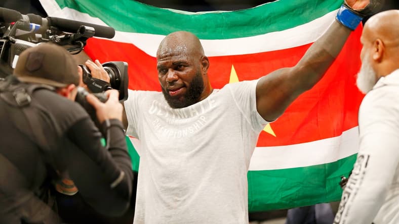Dec 7, 2019; Washington, DC, USA; Jairzinho Rozenstruik (blue gloves) after his win against Alistair Overeem (not pictured) during UFC Fight Night at Capital One Arena. Mandatory Credit: Amber Searls-USA TODAY Sports