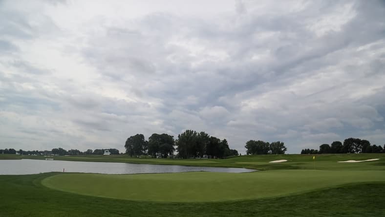 Jul 25, 2020; Blaine, Minnesota, USA; A view of the 18th hole during the third round of the 3M Open golf tournament at TPC Twin Cities. Mandatory Credit: David Berding-USA TODAY Sports