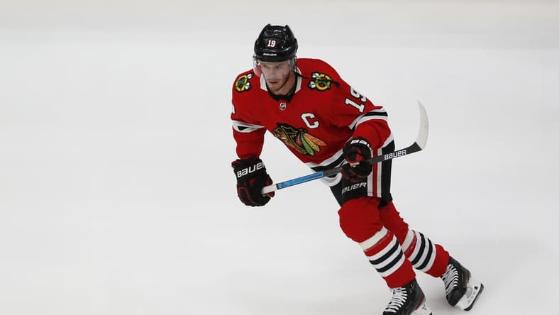 Aug 16, 2020; Edmonton, Alberta, CAN; Chicago Blackhawks center Jonathan Toews skates before game four of the first round of the 2020 Stanley Cup Playoffs against the Vegas Golden Knights at Rogers Place. Mandatory Credit: Perry Nelson-USA TODAY Sports