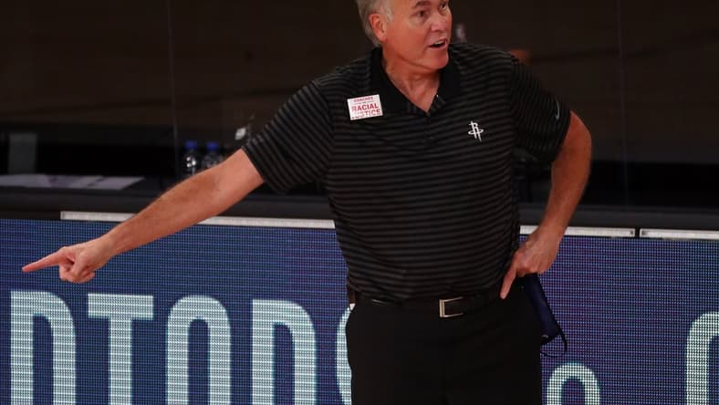 Sep 2, 2020; Lake Buena Vista, Florida, USA; Houston Rockets head coach Mike D'Antoni reacts during the first half of game seven of the first round of the 2020 NBA Playoffs against the Oklahoma City Thunder at ESPN Wide World of Sports Complex. Mandatory Credit: Kim Klement-USA TODAY Sports