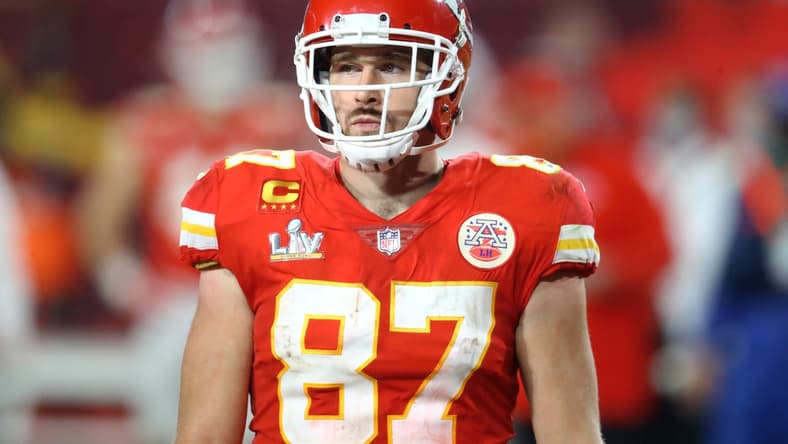 Feb 4, 2021; Tampa, FL, USA; Kansas City Chiefs tight end Travis Kelce (87) against the Tampa Bay Buccaneers in Super Bowl LV at Raymond James Stadium. Mandatory Credit: Mark J. Rebilas-USA TODAY Sports