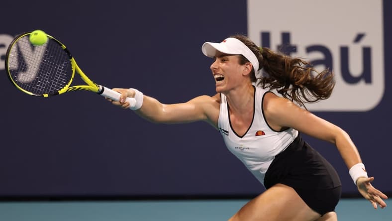 Mar 27, 2021; Miami, Florida, USA; Johanna Konta of Great Britain hits a forehand against Petra Kvitova of Czech Republic (not pictured) in the third round in the Miami Open at Hard Rock Stadium. Mandatory Credit: Geoff Burke-USA TODAY Sports