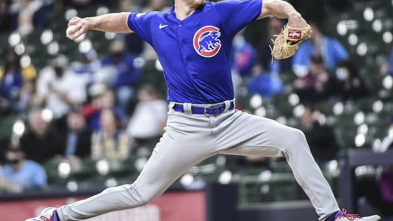 Apr 14, 2021; Milwaukee, Wisconsin, USA; Chicago Cubs pitcher Shelby Miller (29) throws a pitch in the sixth inning against the Milwaukee Brewers at American Family Field. Mandatory Credit: Benny Sieu-USA TODAY Sports