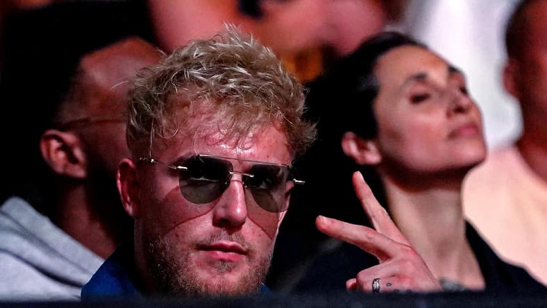 Apr 24, 2021; Jacksonville, Florida, USA; YouTube start Jake Paul looks on before Anthony Smith (Red Gloves) fights Jimmy Crute (Blue Gloves) during UFC 261 at VyStar Veterans Memorial Arena. Mandatory Credit: Jasen Vinlove-USA TODAY Sports