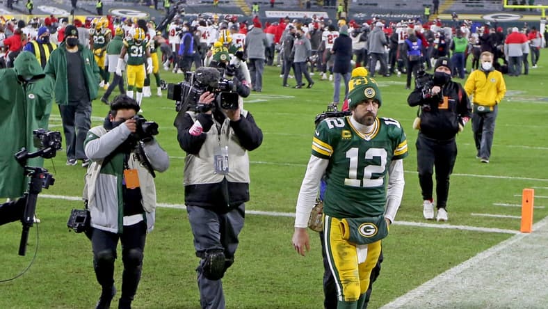 Green Bay Packers quarterback Aaron Rodgers (12) walks off the field fter the Green Bay Packers 31-26 loss to the Tampa Bay Buccaneers in the NFC Championship playoff game Sunday, Jan. 24, 2021 at Lambeau Field in Green Bay, Wis. - Photo by Mike De Sisti / Milwaukee Journal Sentinel via USA TODAY NETWORK ORG XMIT: DBY1Nickelcol01 P2