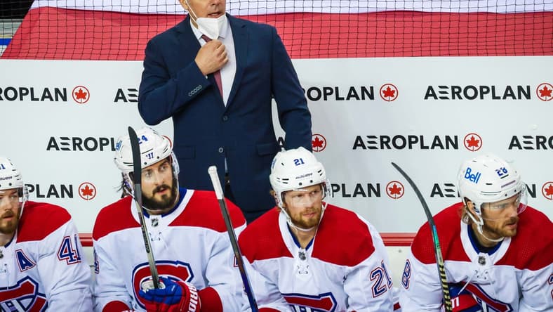 Apr 23, 2021; Calgary, Alberta, CAN; Montreal Canadiens head coach Dominique Ducharme on his bench against the Calgary Flames during the second period at Scotiabank Saddledome. Mandatory Credit: Sergei Belski-USA TODAY Sports