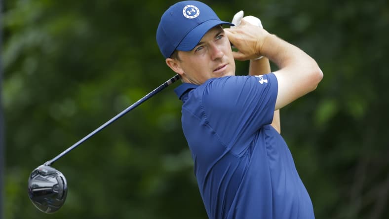 May 30, 2021; Fort Worth, Texas, USA; Jordan Spieth tees off on the fifth hole during the final round of the Charles Schwab Challenge golf tournament. Mandatory Credit: Erich Schlegel-USA TODAY Sports