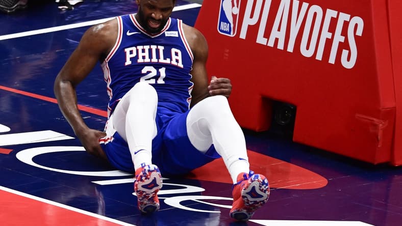 May 31, 2021; Washington, District of Columbia, USA; Philadelphia 76ers center Joel Embiid (21) reacts after a play during game four against the Washington Wizards in the first round of the 2021 NBA Playoffs. at Capital One Arena. Mandatory Credit: Tommy Gilligan-USA TODAY Sports