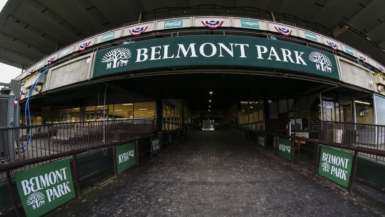 Jun 1, 2021; Elmont, New York, USA; The paddock prior to the Tuesday morning workouts at Belmont Park. Mandatory Credit: Wendell Cruz-USA TODAY Sports