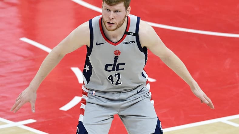 May 31, 2021; Washington, District of Columbia, USA; Washington Wizards forward Davis Bertans (42) during game four in the first round of the 2021 NBA Playoffs against the Philadelphia 76ers at Capital One Arena. Mandatory Credit: Tommy Gilligan-USA TODAY Sports