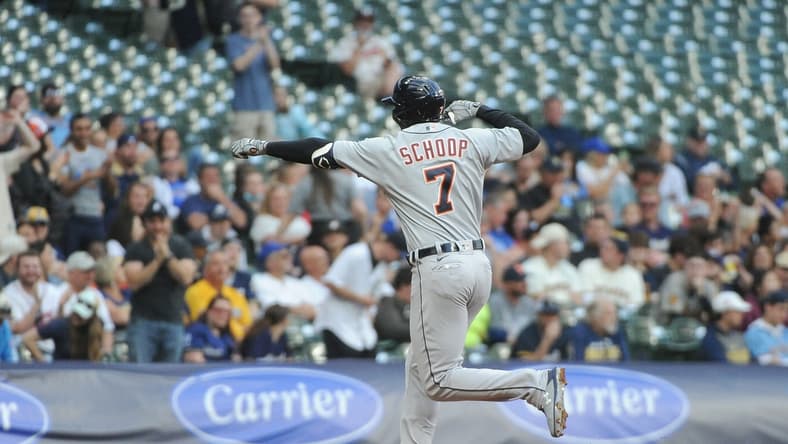 Jun 1, 2021; Milwaukee, Wisconsin, USA; Detroit Tigers second baseman Jonathan Schoop (7) celebrates his home in the second inning against the Milwaukee Brewers at American Family Field. Mandatory Credit: Michael McLoone-USA TODAY Sports