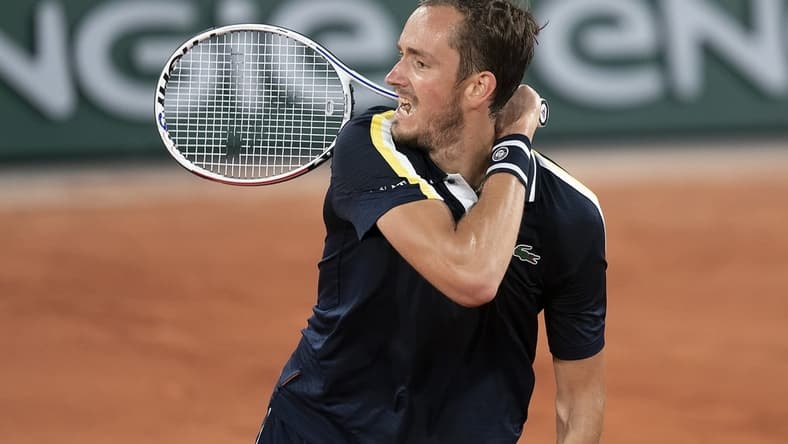 Jun 2, 2021; Paris, France; Daniil Medvedev (RUS) in action during his match against Tommy Paul (USA) on day four of the French Open at Stade Roland Garros. Mandatory Credit: Susan Mullane-USA TODAY Sports