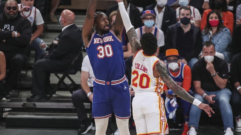 Jun 2, 2021; New York, New York, USA; New York Knicks forward Julius Randle (30) takes a three point shot in the first quarter against the Atlanta Hawks during game five in the first round of the 2021 NBA Playoffs. at Madison Square Garden. Mandatory Credit: Wendell Cruz-USA TODAY Sports