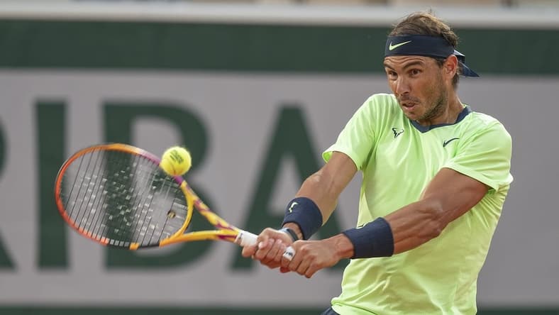 Jun 3, 2021; Paris, France;  Rafael Nadal (ESP) in action during his match against Richard Gasquet (FRA) on day five of the French Open at Stade Roland Garros. Mandatory Credit: Susan Mullane-USA TODAY Sports