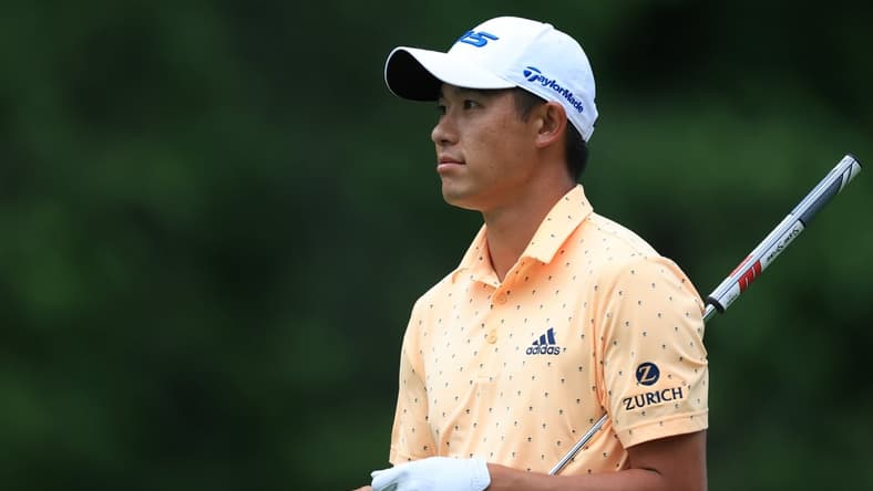 Jun 3, 2021; Dublin, Ohio, USA; Collin Morikawa on the 9th hole during the first round of the Memorial Tournament golf tourney. Mandatory Credit: Aaron Doster-USA TODAY Sports