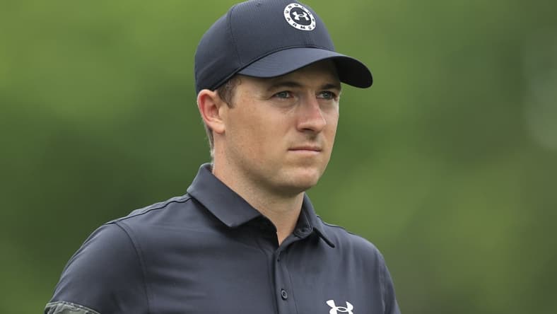 Jun 4, 2021; Dublin, Ohio, USA; Jordan Spieth leaves the 18th tee during the conclusion of the rain-delayed first round of the Memorial Tournament golf tournament. Mandatory Credit: Aaron Doster-USA TODAY Sports
