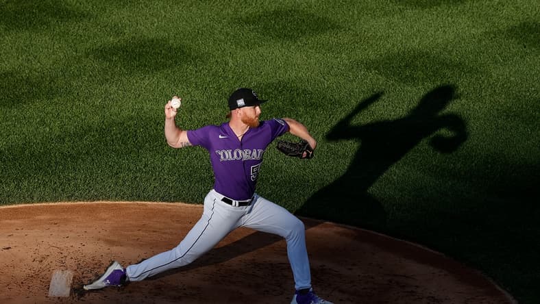 Jun 4, 2021; Denver, Colorado, USA; Colorado Rockies starting pitcher Jon Gray (55) pitches in the first inning against the Oakland Athletics at Coors Field. Mandatory Credit: Isaiah J. Downing-USA TODAY Sports