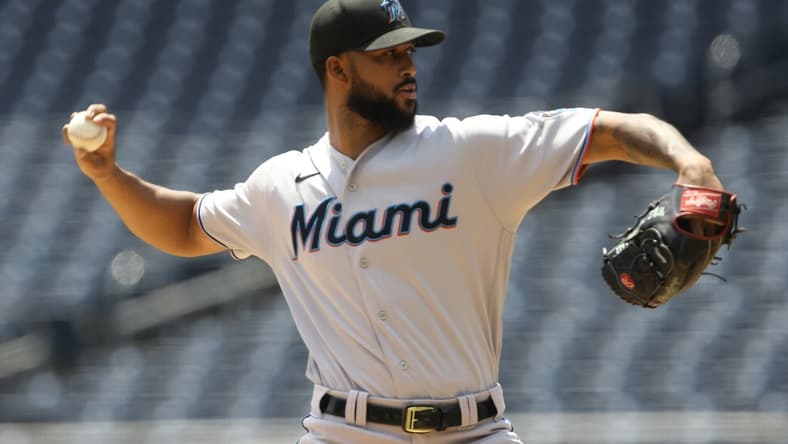 Jun 6, 2021; Pittsburgh, Pennsylvania, USA; Miami Marlins starting pitcher Sandy Alcantara (22) delivers a pitch against the Pittsburgh Pirates during the first inning at PNC Park. Mandatory Credit: Charles LeClaire-USA TODAY Sports