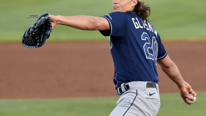 May 21, 2021; Dunedin, Florida, CAN; Tampa Bay Rays pitcher Tyler Glasnow (20) throws a pitch in the first inning against the Toronto Blue Jays at TD Ballpark. Mandatory Credit: Jonathan Dyer-USA TODAY Sports