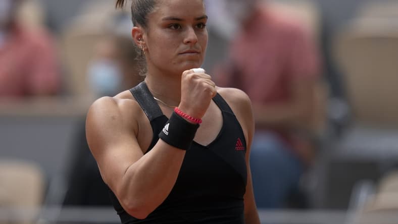 Jun 9, 2021; Paris, France; Maria Sakkari (GRE) reacts during her match against Iga Swiatek (POL) on day 11 of the French Open at Stade Roland Garros. Mandatory Credit: Susan Mullane-USA TODAY Sports