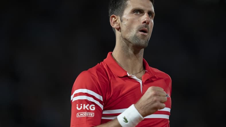 Jun 9, 2021; Paris, France; Novak Djokovic (SRB) reacts during his match against Matteo Berrettini (ITA) on day 11 of the French Open at Stade Roland Garros. Mandatory Credit: Susan Mullane-USA TODAY Sports