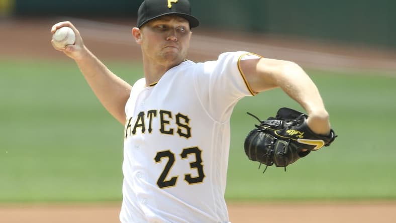Jun 10, 2021; Pittsburgh, Pennsylvania, USA;  Pittsburgh Pirates starting pitcher Mitch Keller (23) delivers a pitch against the Los Angeles Dodgers during the first inning at PNC Park. Mandatory Credit: Charles LeClaire-USA TODAY Sports