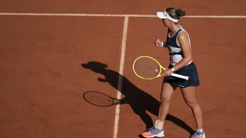 Jun 10, 2021; Paris, France; Barbora Krejcikova (CZE) reacts during her semifinal match against Maria Sakkari (GRE) on day 12 of the French Open at Stade Roland Garros. Mandatory Credit: Susan Mullane-USA TODAY Sports