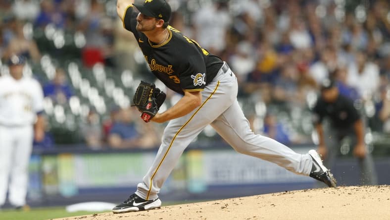 Jun 11, 2021; Milwaukee, Wisconsin, USA; Pittsburgh Pirates pitcher Chase De Jong (37) throws a pitch during the first inning against the Milwaukee Brewers at American Family Field. Mandatory Credit: Jeff Hanisch-USA TODAY Sports