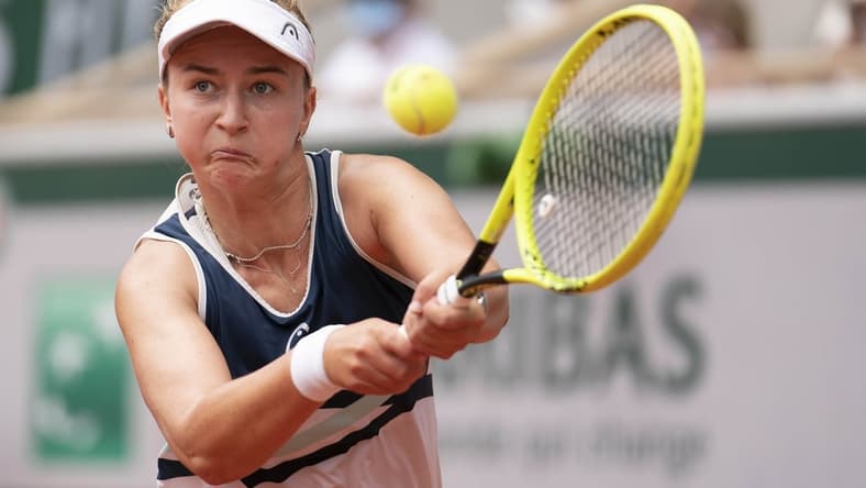 Jun 12, 2021; Paris, France; Barbora Krejcikova (CZE) in action during the women's final match against Anastasia Pavlyuchenkova (RUS) on day 14 of the French Open at Stade Roland Garros. Mandatory Credit: Susan Mullane-USA TODAY Sports