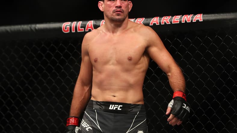 Jun 12, 2021; Glendale, Arizona, USA; Demian Maia reacts during UFC 263 at Gila River Arena. Mandatory Credit: Mark J. Rebilas-USA TODAY Sports