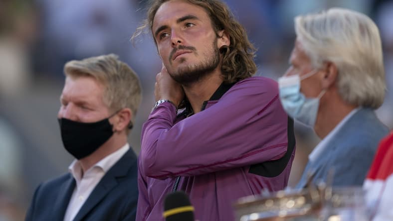 Jun 13, 2021; Paris, France; Stefanos Tsitsipas (GRE) at the trophy presentation after his men's final against Novak Djokovic (SRB) on day 15 of the French Open at Stade Roland Garros. Mandatory Credit: Susan Mullane-USA TODAY Sports