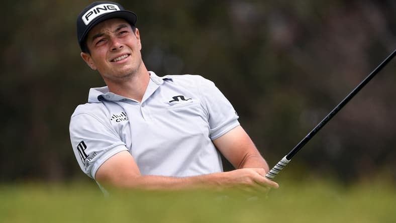 Jun 16, 2021; San Diego, California, USA; Viktor Hovland plays his shot from the 12th tee during a practice round of the U.S. Open golf tournament at Torrey Pines. Mandatory Credit: Orlando Ramirez-USA TODAY Sports