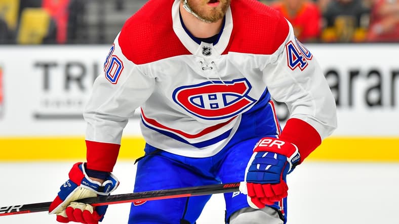 Jun 16, 2021; Las Vegas, Nevada, USA; Montreal Canadiens right wing Joel Armia (40) is pictured during the first period against the Vegas Golden Knights in game two of the 2021 Stanley Cup Semifinals at T-Mobile Arena. Mandatory Credit: Stephen R. Sylvanie-USA TODAY Sports